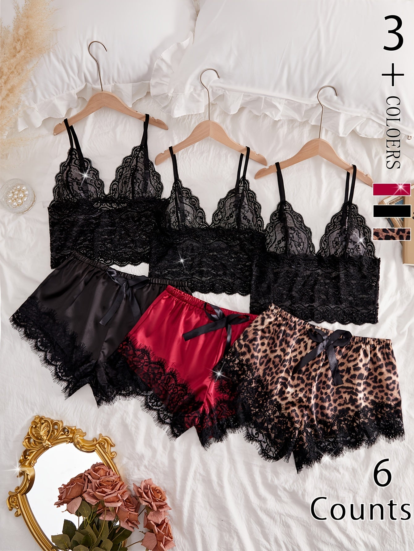 6pcs Women's Lace Pajama Set, Polyamide and Elastane Blend, Sexy Solid Color Sleepwear with Bow Detail, Mid-Rise Shorts, No Padding, Woven Fabric, Medium Support - Adult Nightwear, Pajama Set for Couples, Valentine's Day, Per